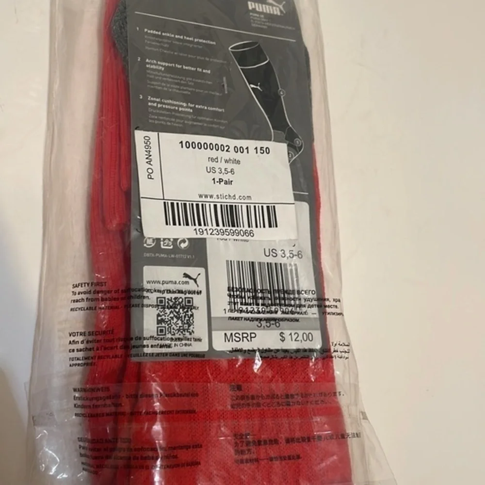 Puma Football Socks Red White Kneehigh Team Liga padded ankle Socks Sz 3 (5-6)